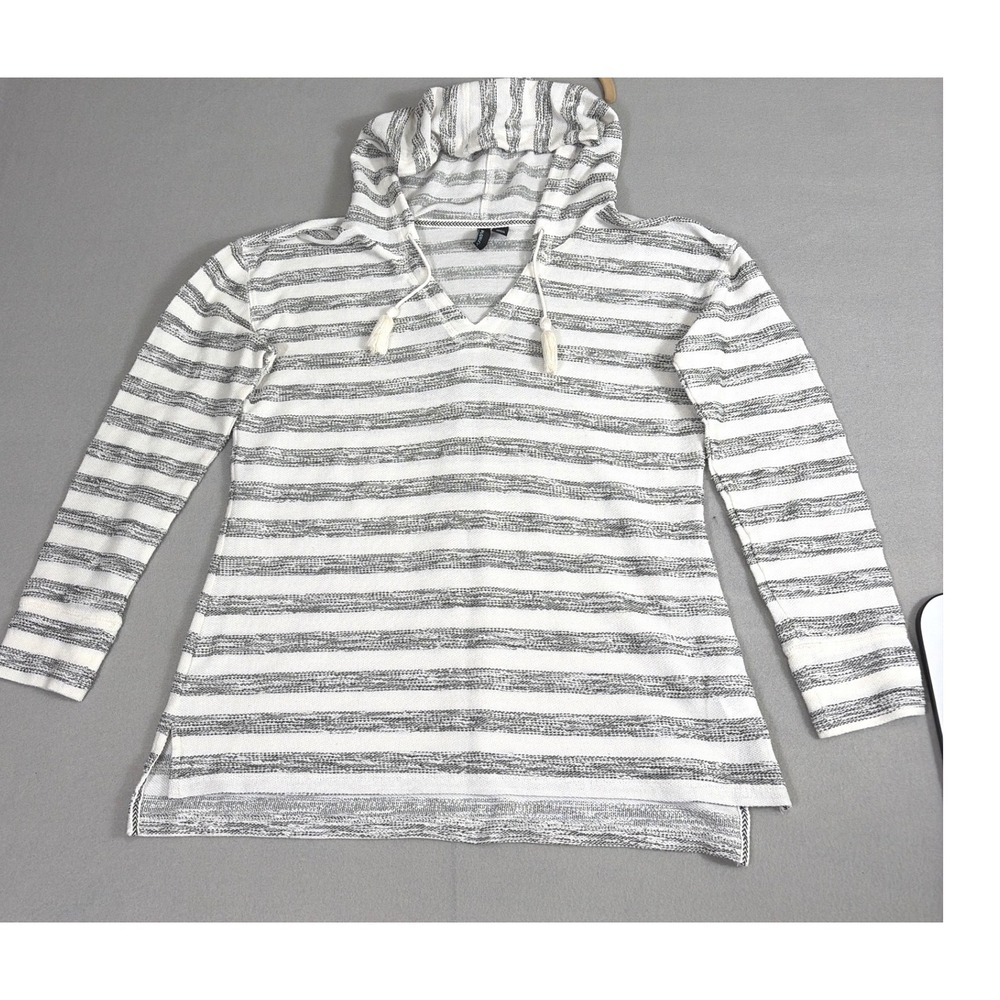 Cynthia Rowley Women Striped Knit Hoodie White Gray Tassel V-Neck Pullover L